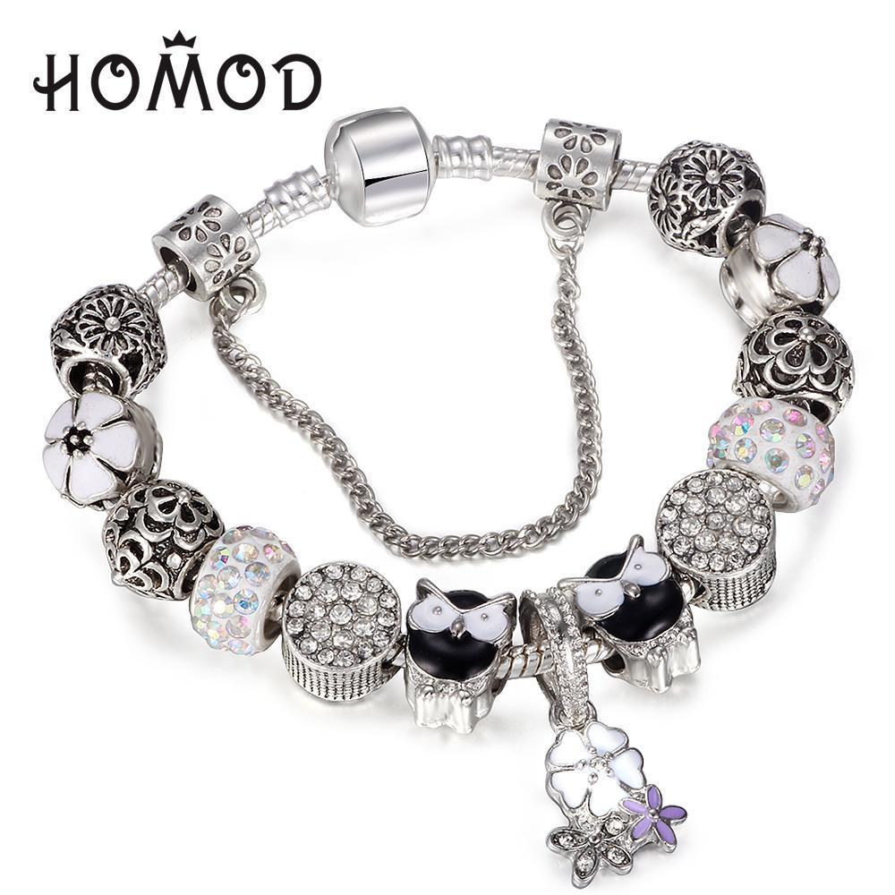 SPINNER Silver White Bead Animal Best Friend Charm Bracelet With Safety Chain For Women Original DIY Jewelry