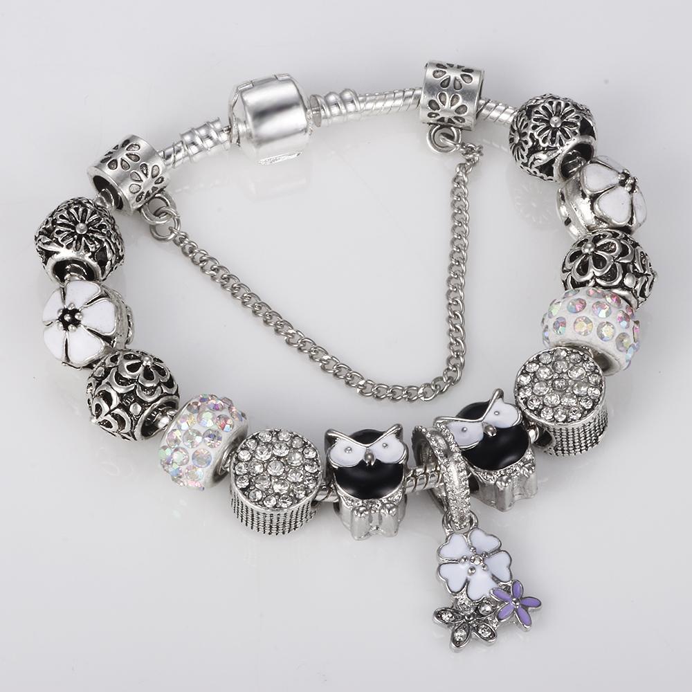 SPINNER Silver White Bead Animal Best Friend Charm Bracelet With Safety Chain For Women Original DIY Jewelry