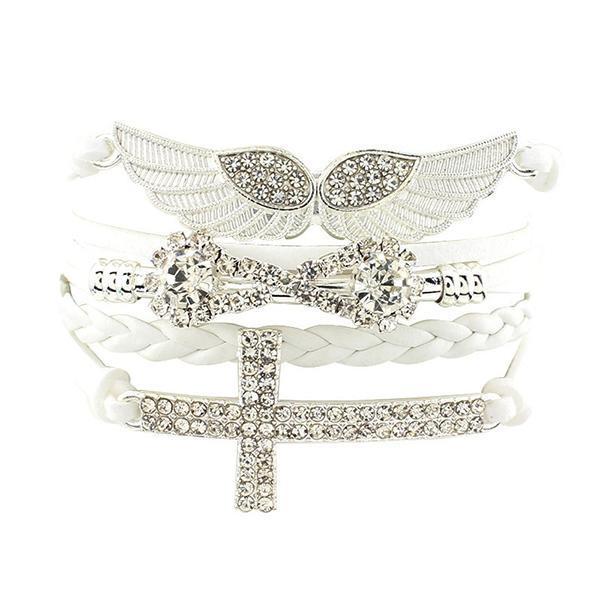Crystal Cross Infinity Wings Leather Charm Bracelet White - DiyosWorld