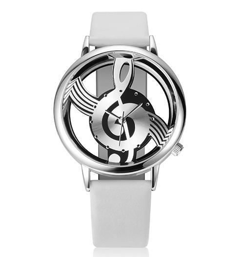 Musical Note Style leather Wrist Watch White Silver - DiyosWorld